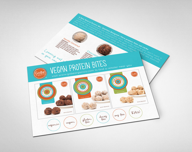 Vegan protein snacks postcard design sample
