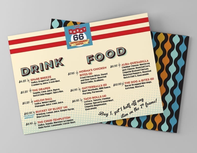 Entertainment center food and drinks menu design sample